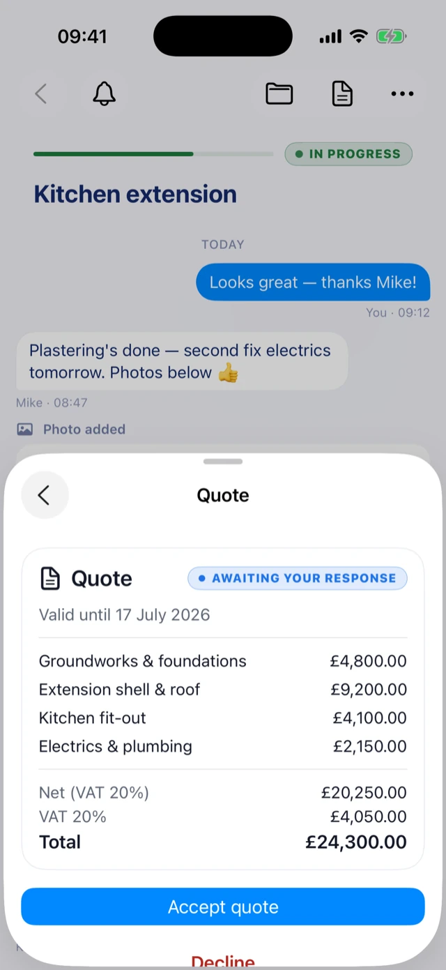 A quote in the KWH app — itemised costs with VAT and total, ready to accept in a tap